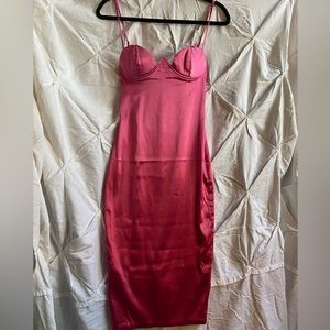 Meshki Satin Deep Sweet Heart Neck Pink Midi Dress Size XSmall